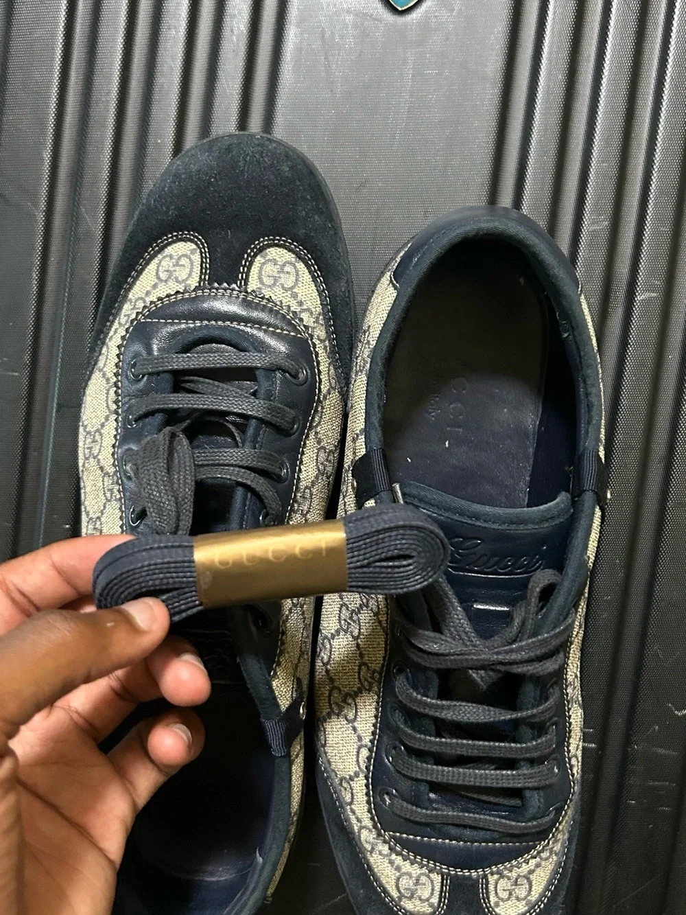 Gucci Beige Monogram & Navy Low-Top Sneakers